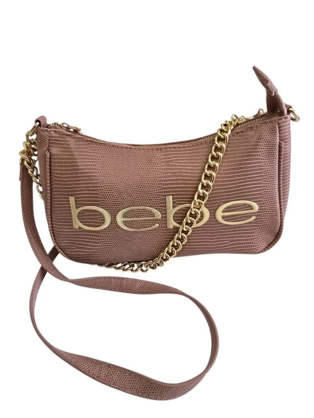bebe Dusty Rose Fabiola Lizard-Embossed Gold Chain Shoulder Bag Purse *